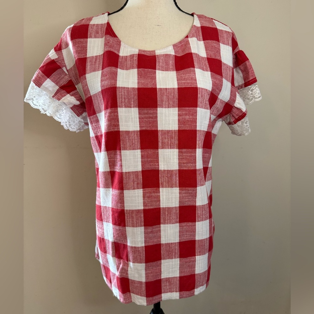 Wonderland by Orange linen blend red white checker lace top SZ LG